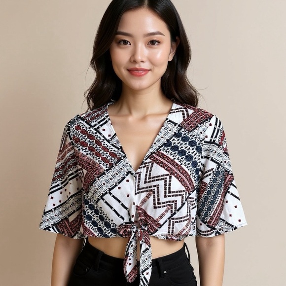 BCBG Geometric Boho Tie-Front Blouse Lightweight Statement Top - Picture 1 of 12